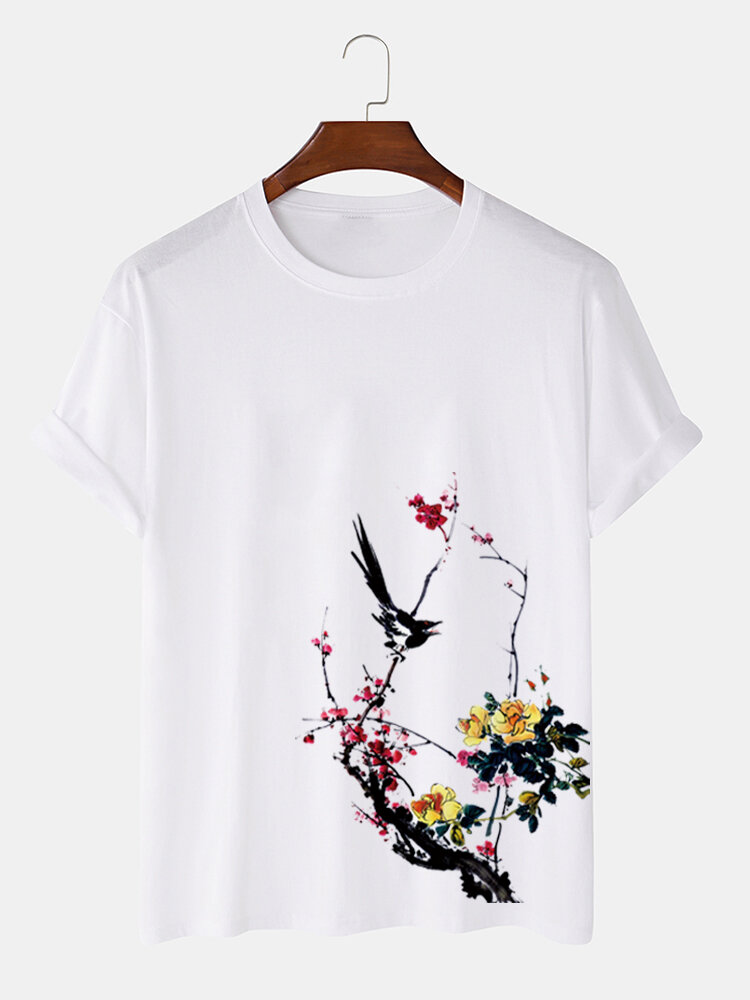 

Mens Bird & Plum Bossom Print Short Sleeve Cotton T-Shirts