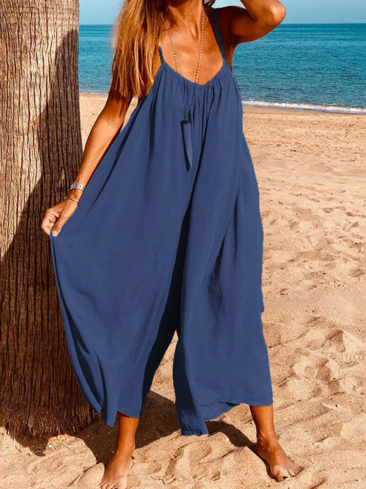 Women Sleeveless Straps Loose Solid Wide Leg Jumpsuits