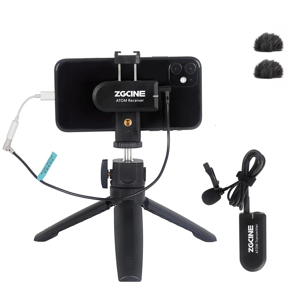 ZGCINE ATOM Wireless Lapel Microphone Receiver Kit mini 2.4G Video Recording Mic Tripod phone holder for Camera DSLR Sma