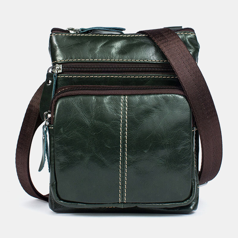 Men Genuine Leather Retro Business Solid Color Leather Zipper Crossbody Bag SHoulder Bag