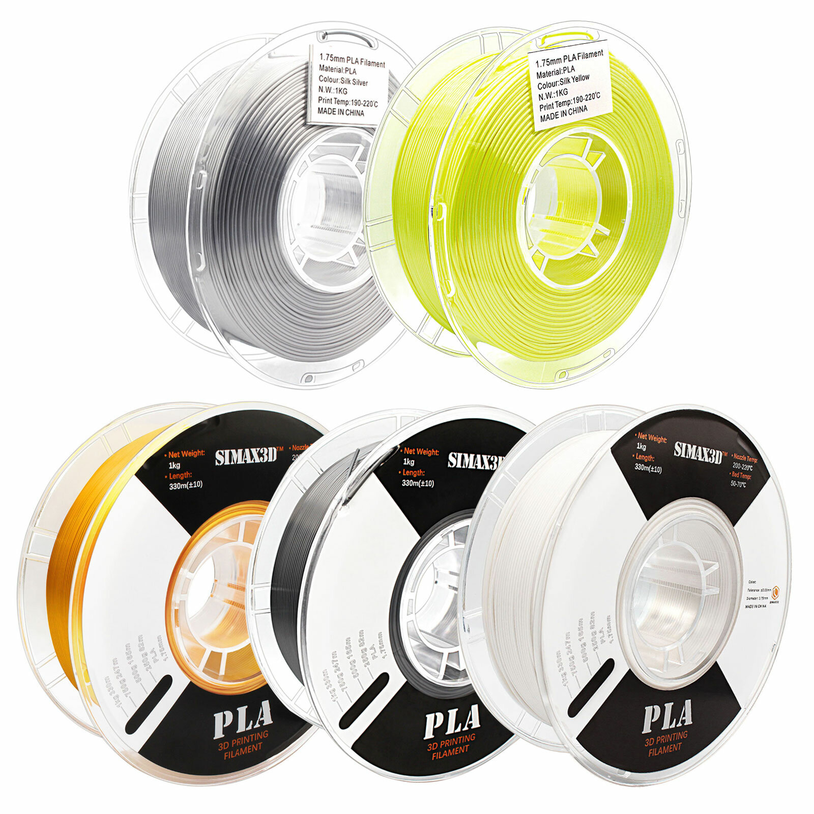 

[US Direct]iMetrx® 5 Rolls Silk PLA Filament 1KG 1.75mm Black/White/Gold/Silver/Yellow Filament Set for 3D Printers