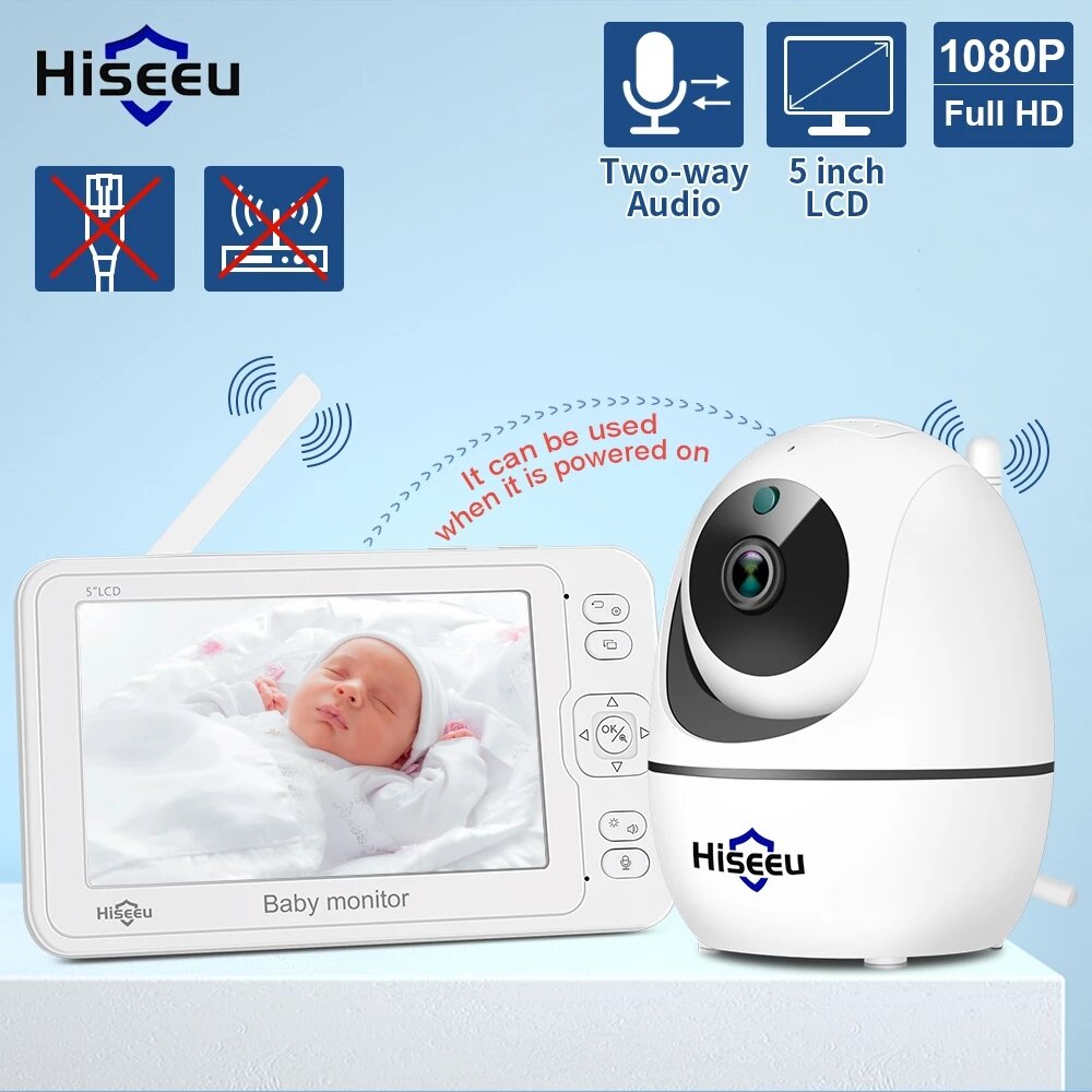Hiseeu 5.0 Inch 1080P Babyfoon 2-Way Audio Draadloze Camera Baby Huilen Alarm Video Surveillance Cam