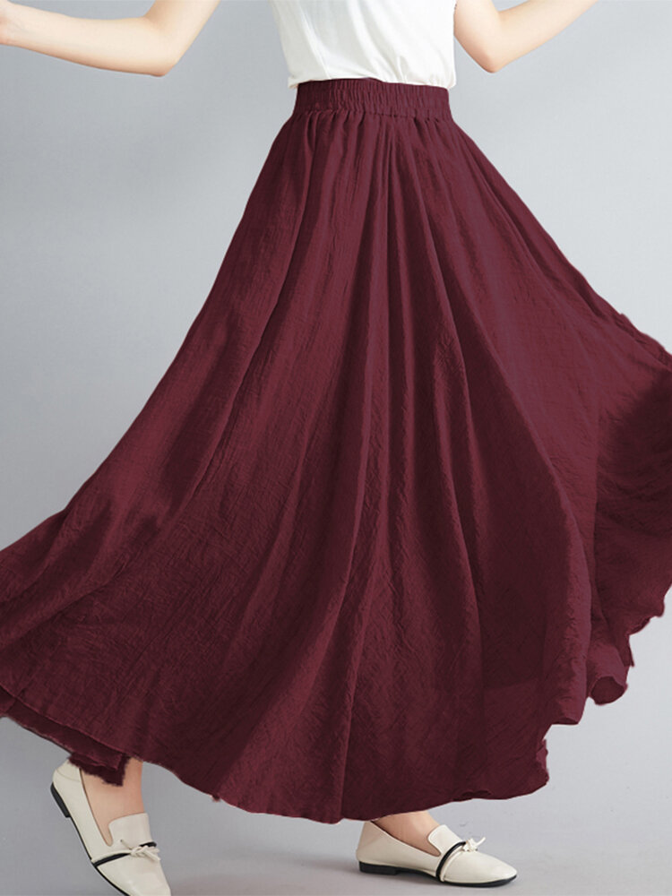 Falda larga informal suelta con cintura elástica de color sólido y columpio grande para mujer