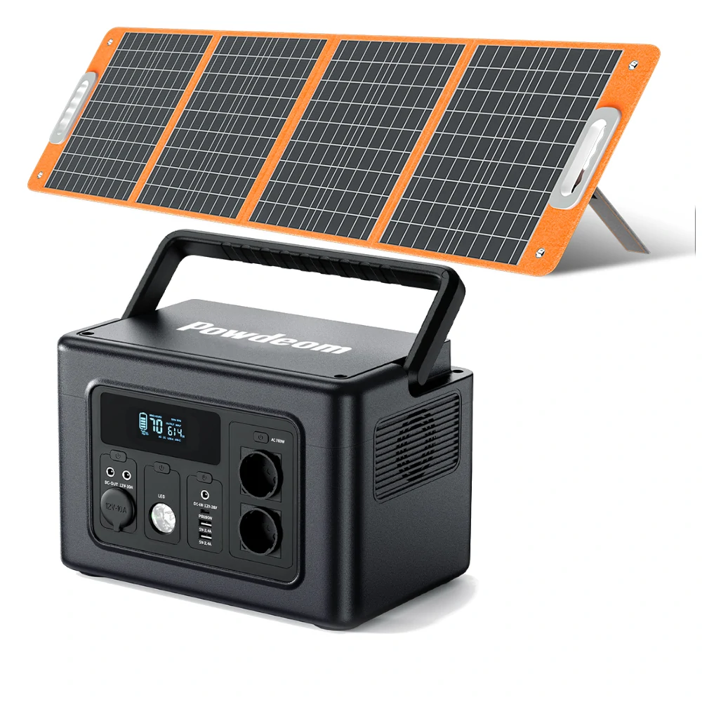 [EU Direct] POWDEOM EV700 700W Portable Power Station with FlashFish TSP 18V 100W Foldable Solar Panel, 614WH LiFePO4 Battery 220V Output Powerful Battery Packs Outdoor Portable Solar Generator for Outdoors Camping Travel Blackout