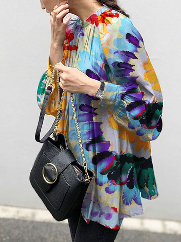 Women Colorful Flowers Printing Puff Sleeve Back Button Casual Blouse