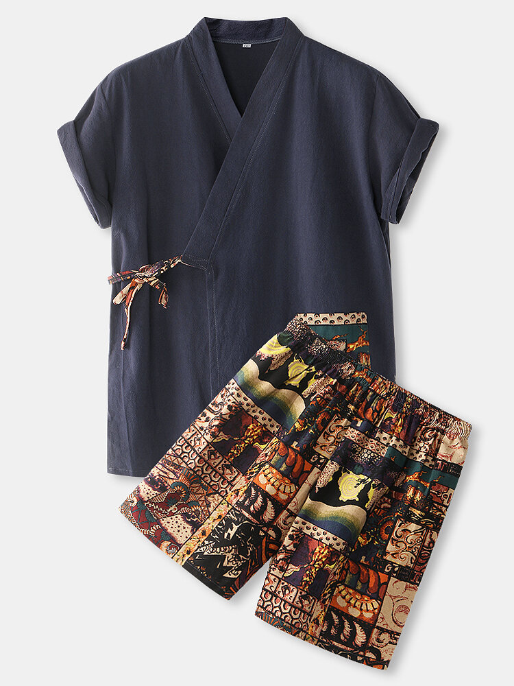 Heren katoenen vintage print v-hals kimono aan de zijkant ontspannen fit korte pyjama sets