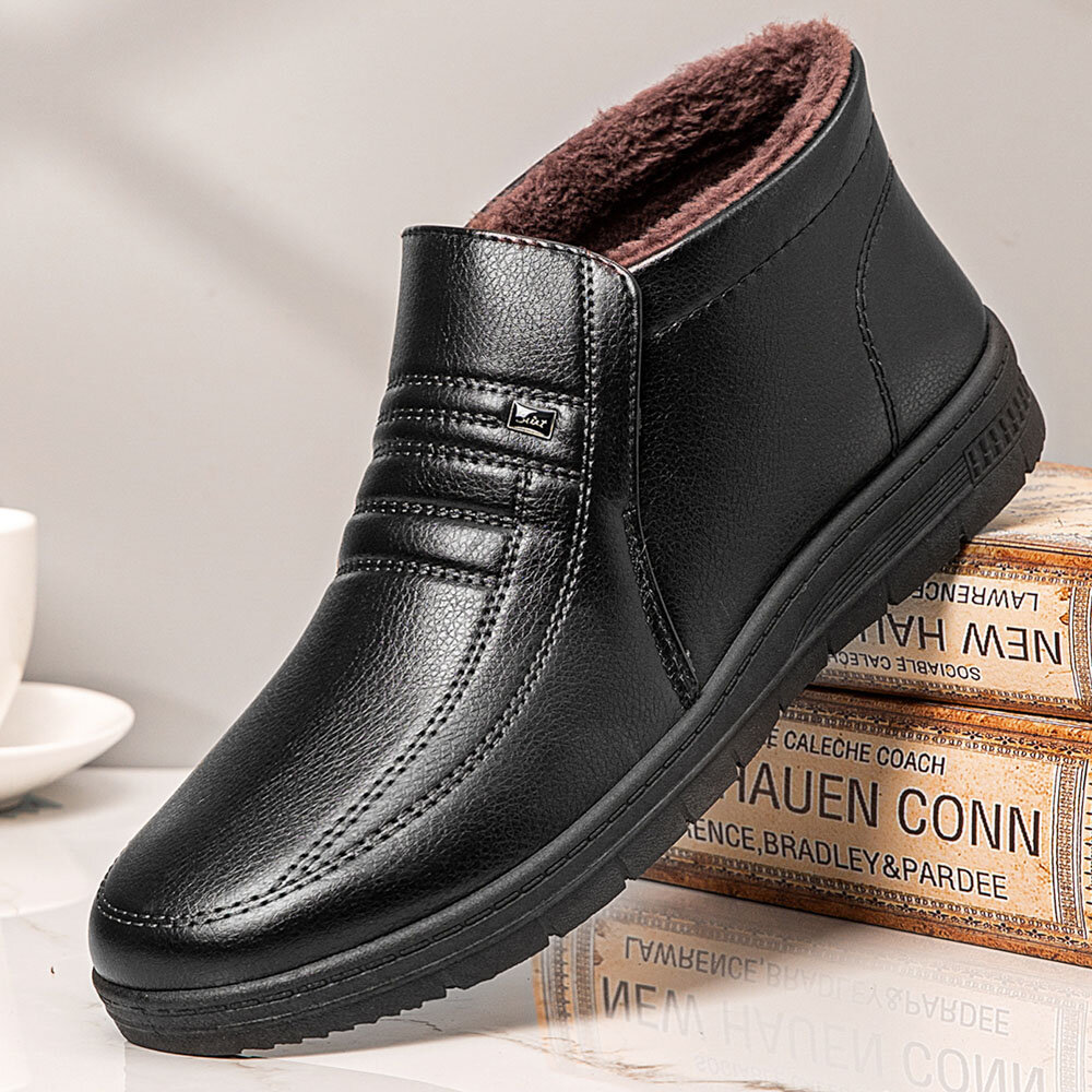 Men Winter Warm Plush Lining Leather Non-slip Ankle Boots