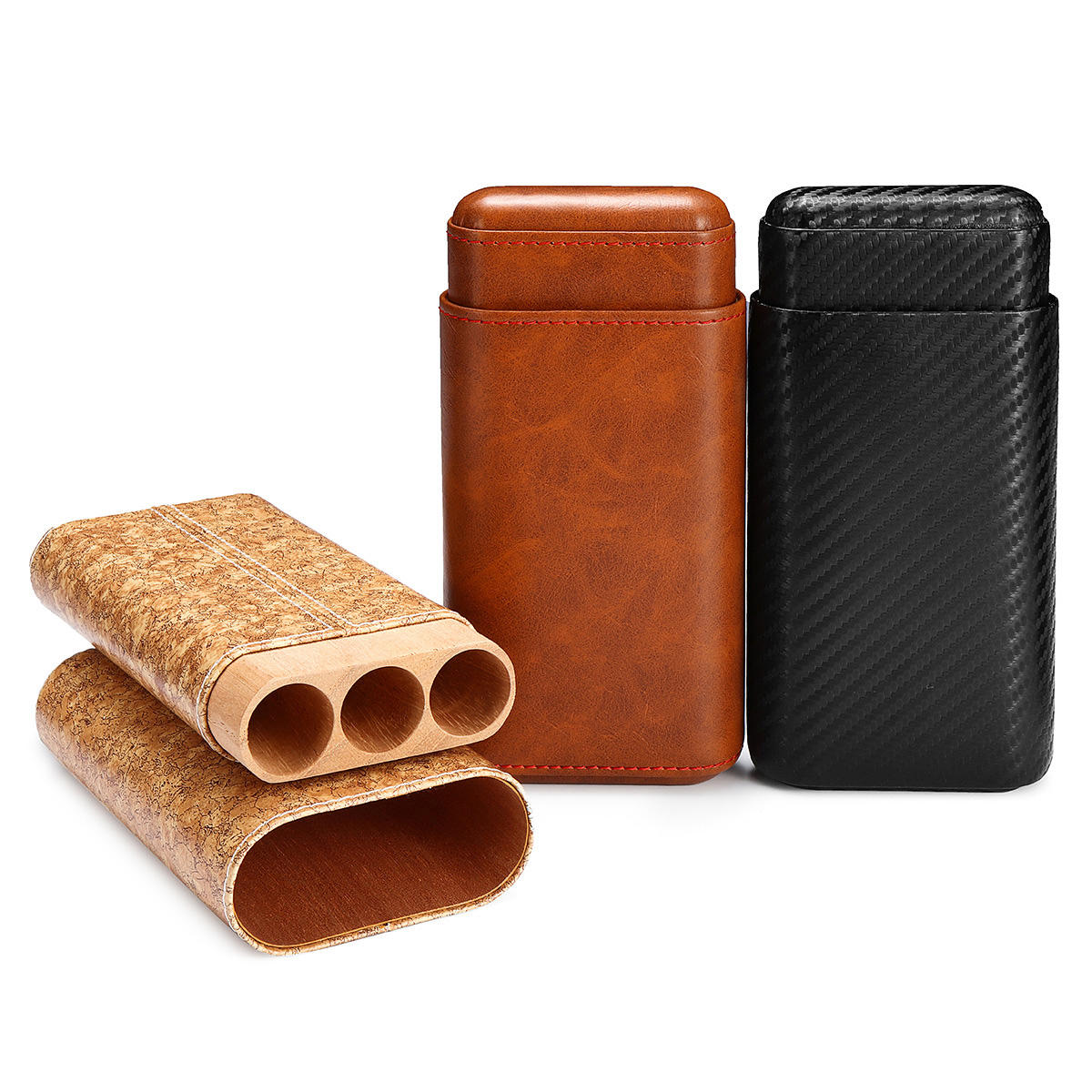 Genuine Leather 3 Count Tube Cedar Travel Holder Case Humidor Portable Protector Case