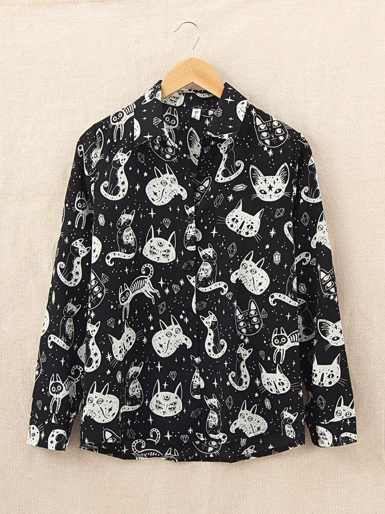Women Casual Cartoon Cat Funny Print Turn-down Collar Long Sleeve Button Shirts