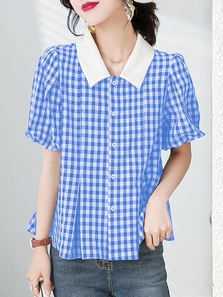 Check Contrast Lapel Puff Sleeve Button Front Shirt