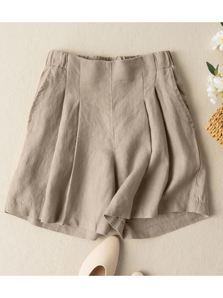 Solid Ruched Pocket Casual Cotton Shorts