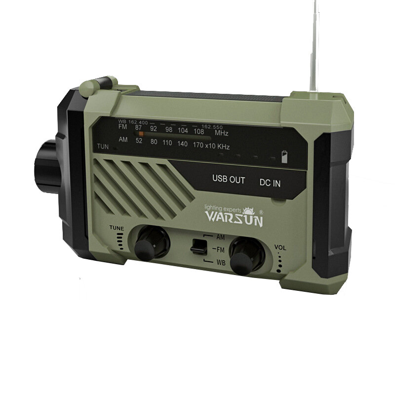 WARSUN非常用電源2000mAhソーラーハンドクランクポータブルAM / FM /ウェザーバンドラジオ懐中電灯と読書灯付き