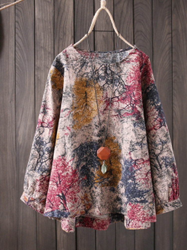 S-5XL Vintage dames katoenen blouse met losse kleurenprint en lange mouwen
