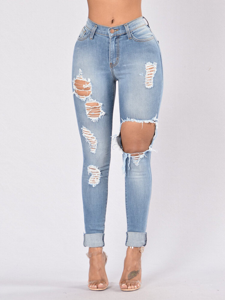 

Casual Women Pocket Hollow Ripped Long Denim Jeans