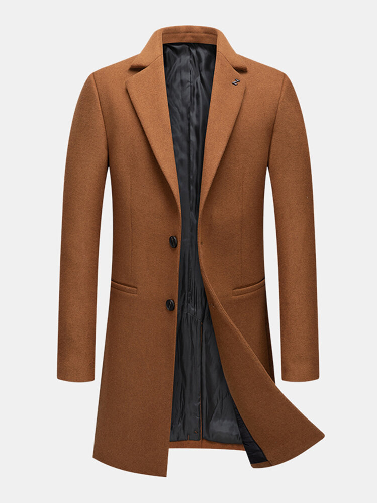 Mens Woolen Single-Breasted Mid-Length Pocket Business Trench Coats