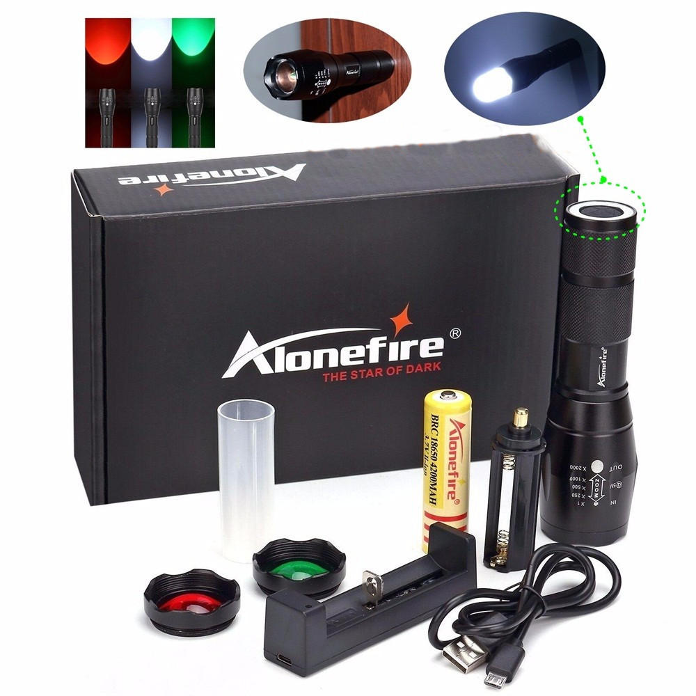 

Alonefire G700-NT6 2000LM 5Modes Zoomable Red & Green & White Light LED Flashlight Signal Light Suit+18650+USB Charger