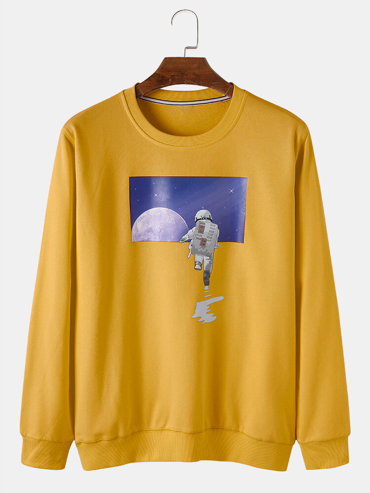 

Mens Astronaut Moon Graphic Crew Neck Cotton Casual Pullover Sweatshirts