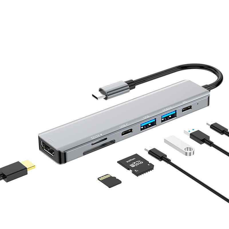 Basix 7-in-1 Type-C Docking Station USB-C Hub Splitter Adaptor with USB3.0*2 USB-C Data PD87W USB-C 4K@30Hz HDMI SD/TF C