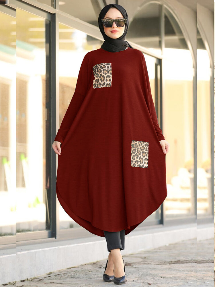 

Women Casual Leopard Patchwork Irregular Split Hem Loose Kaftan Tunic Dress