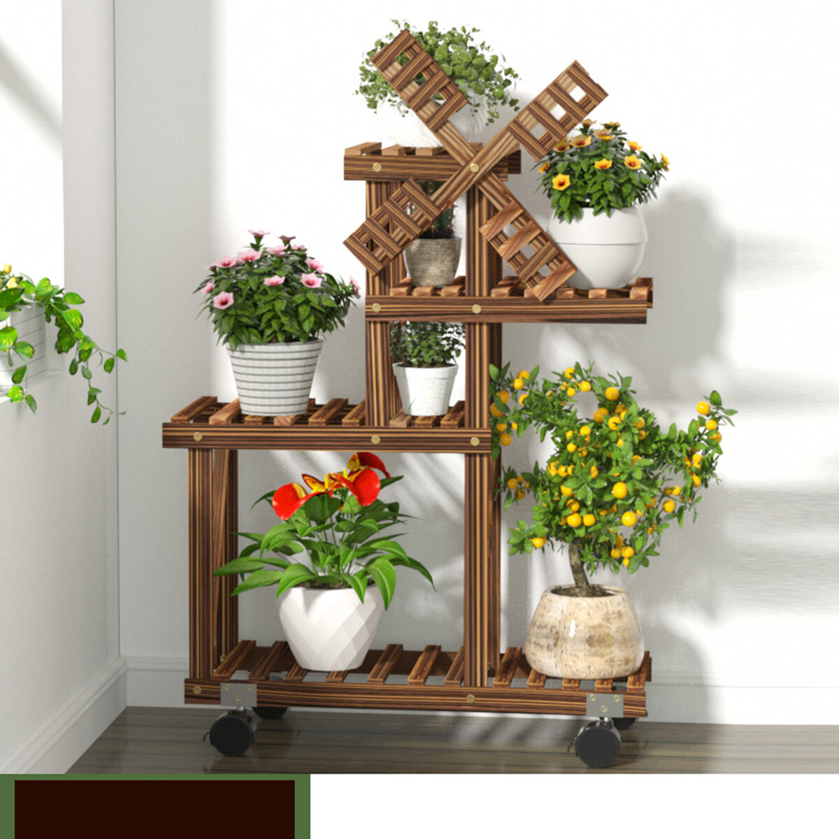4-Tier Plant Stand Metal Wooden Shelf Flower Pot Rack Holder Indoor Outdoor