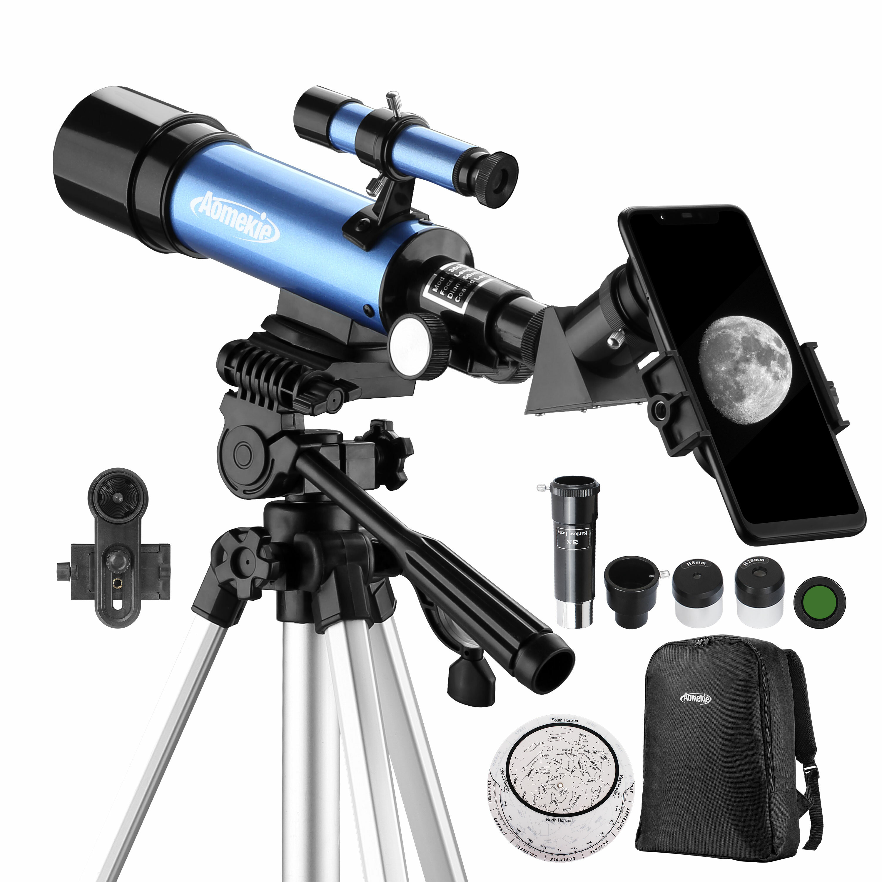 Télescope astronomique AOMEKIE 18X-135X avec ouverture de 50 mm, type réfracteur, avec adaptateur pour téléphone et trépied réglable pour les débutants en astronomie.