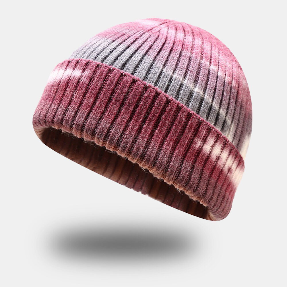 

Unisex Core-spun Yarn Colored Tie-dye Short Knitted Cap Dome Warmth Windproof Suncreen Skull Cap Beanie Landlord Cap