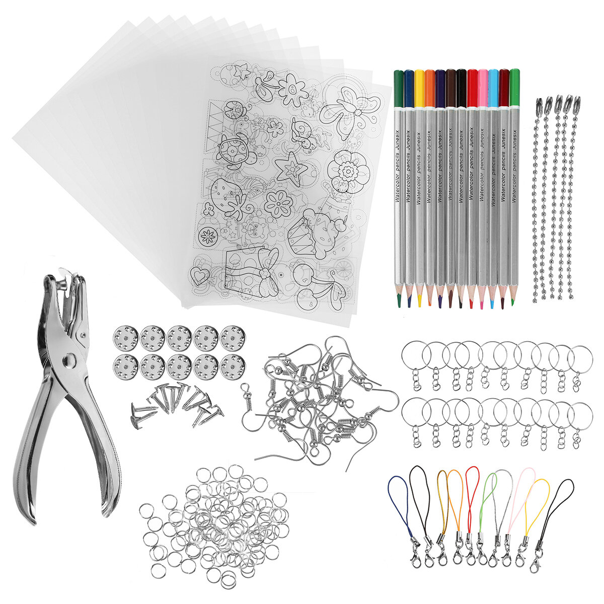 182Pcs Heat Shrink Plastic Sheets Kit Shrinky Art Paper Hole Punch Sleutelhangers DIY