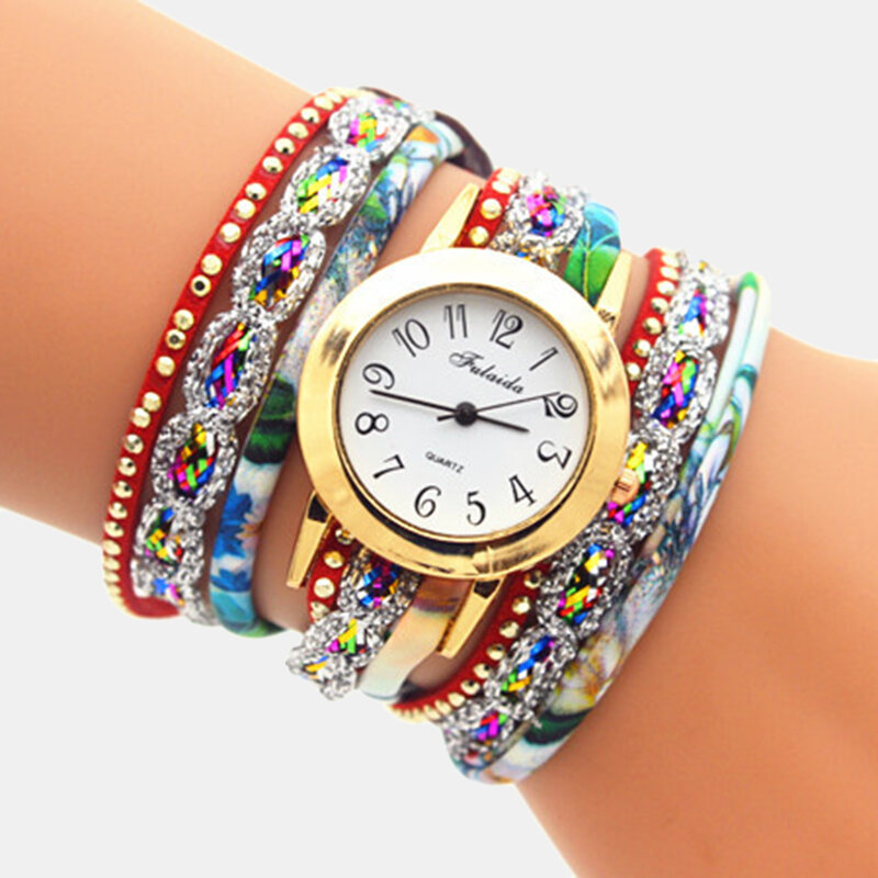 Deffrun Vintage Colorful Printing Women Bracelet Watch Multi-layer Metal Rhinestone PU Quartz Watch