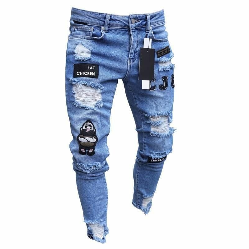 Men Ripped Hole Jeans Slimming Casual Pencil Pants Full Length Pant Hiking Trousers
