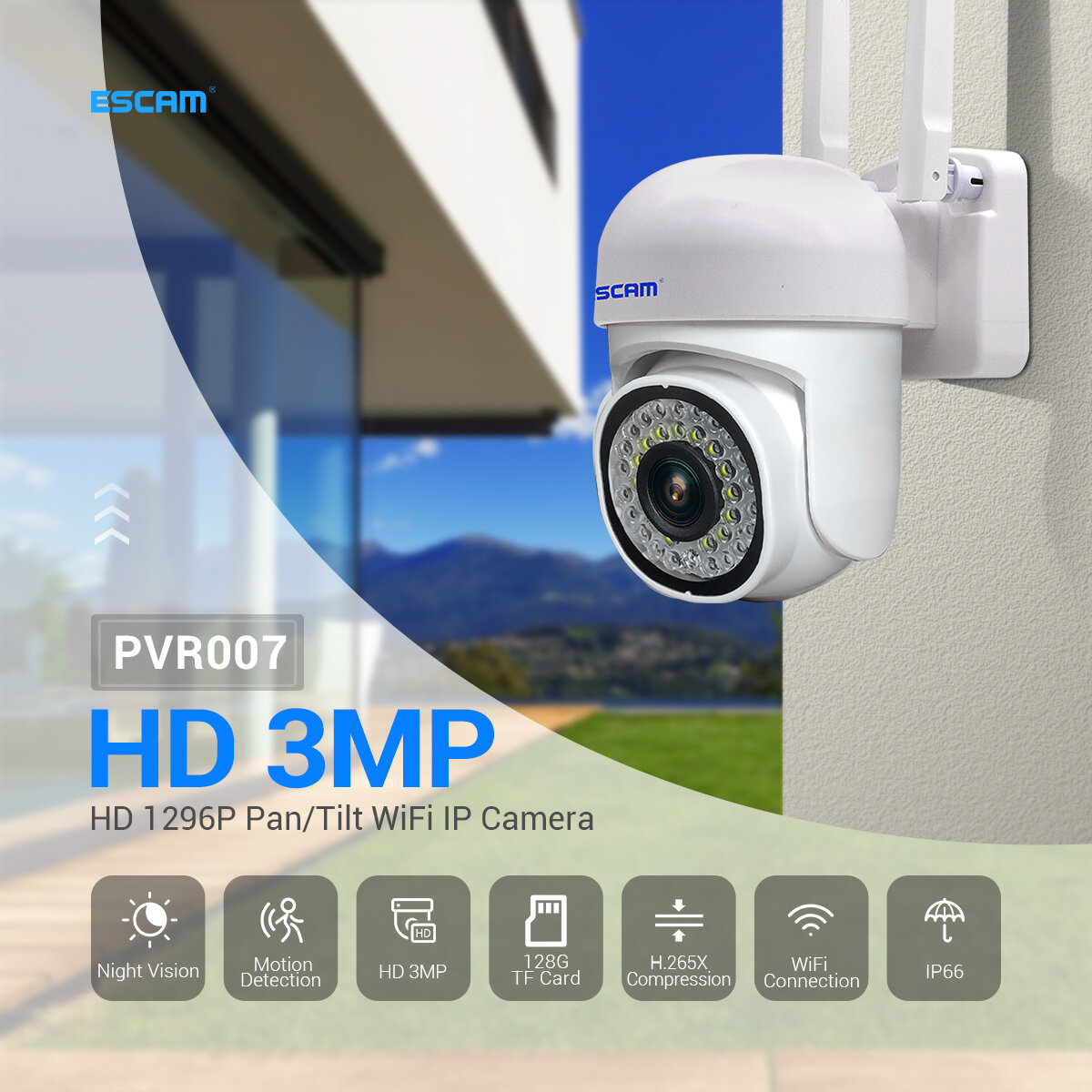 ESCAM PVR007 3MP 1296P Volledig Kleuren Draadloze PTZ IP Dome Camera H.265 IP66 AI Humanoid Detectie Thuisbeveiliging CCTV Baby Monitor