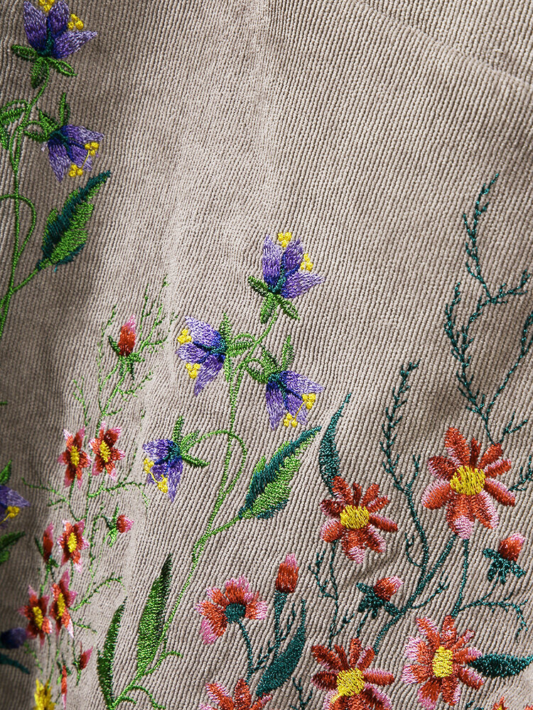 Women Embroidered Floral Vintage Corduroy Plain O-Neck Casual Dress Wit Pocket