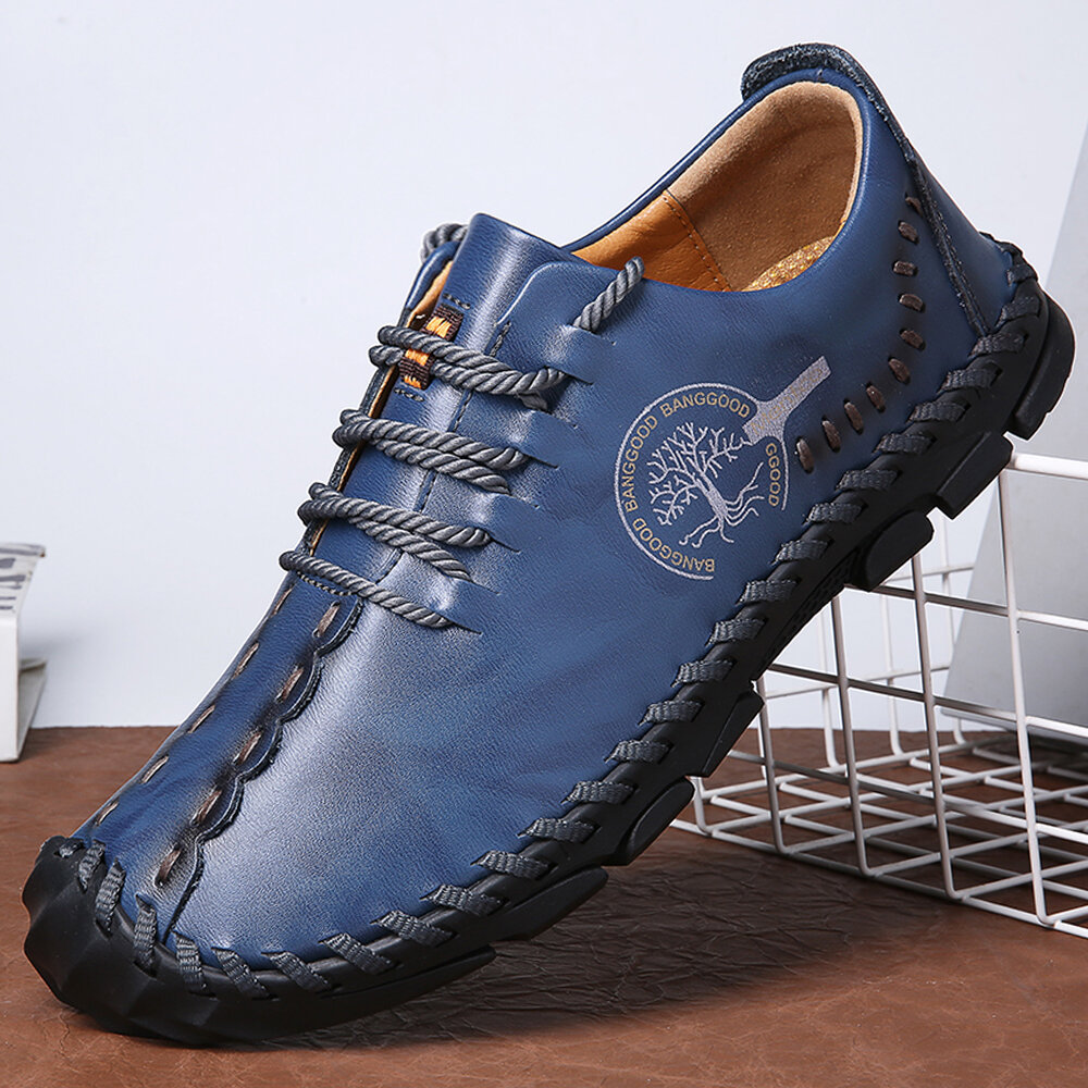 Men Cow Leather Hand Stitching Anti-Collision Toe Casual Shoes