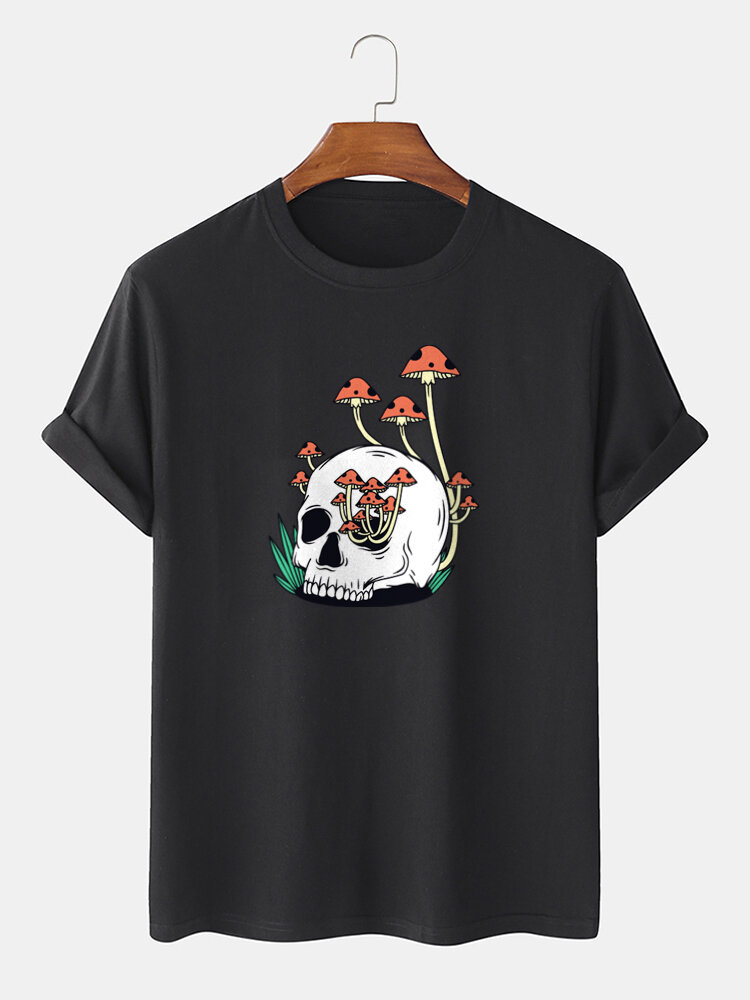 Heren Skull Mushroom Print 100% katoen dun T-shirt met korte mouwen