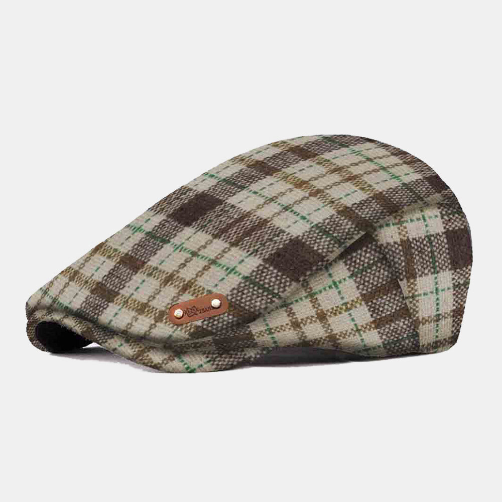 

Collrown Men Colored Plaid Knitted Beret Flat Cap Adjustable Breathable Newsboy Hat Cabbie Hat