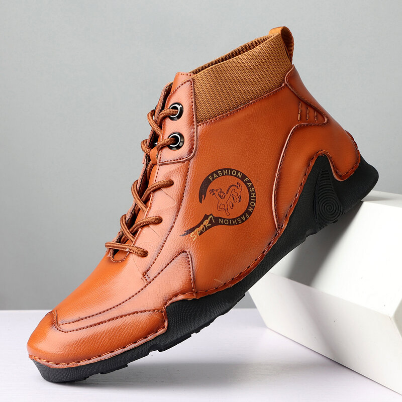 Men Cowhide Soft Sole Comfy Lace-up Octopus Hand Stitching Boots