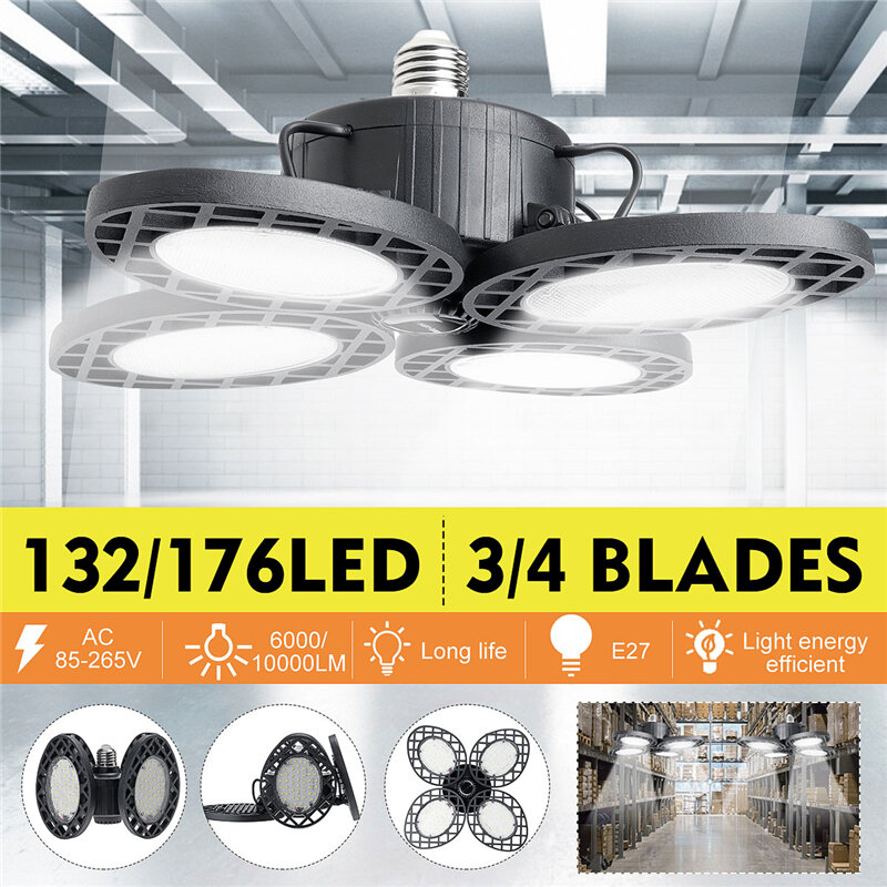 E27 132/176 LED Garage Light Deformable 3/4 Blades Panels Ceiling High Bay Light
