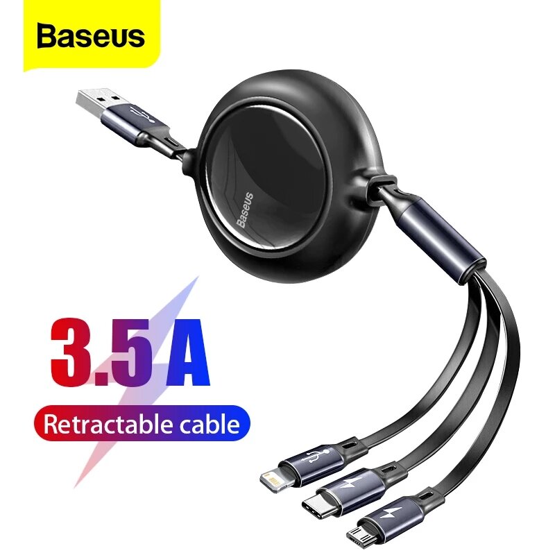 Baseus CAMLT-MJ05 3 in 1 3.5A Bright Mirror flat Retractabl Type C / for Lightning / Micro USB Fast Charging Data Cable
