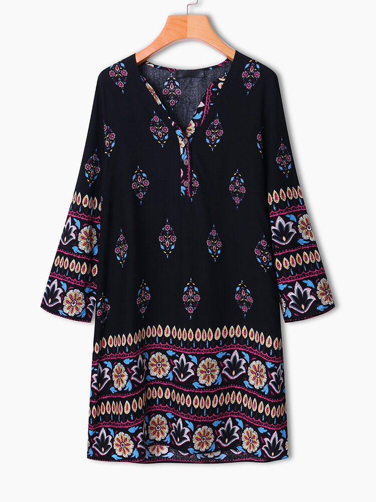 Image of Plus Size Damen Blumendruck Bohemian Mini Kleid