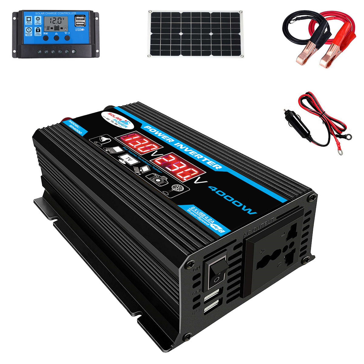 

Solar Power Generation System 18W Solar Panel + 4000W Dual USB LCD Power Inverter 12V to 220V/110V 30A Solar Charge Cont