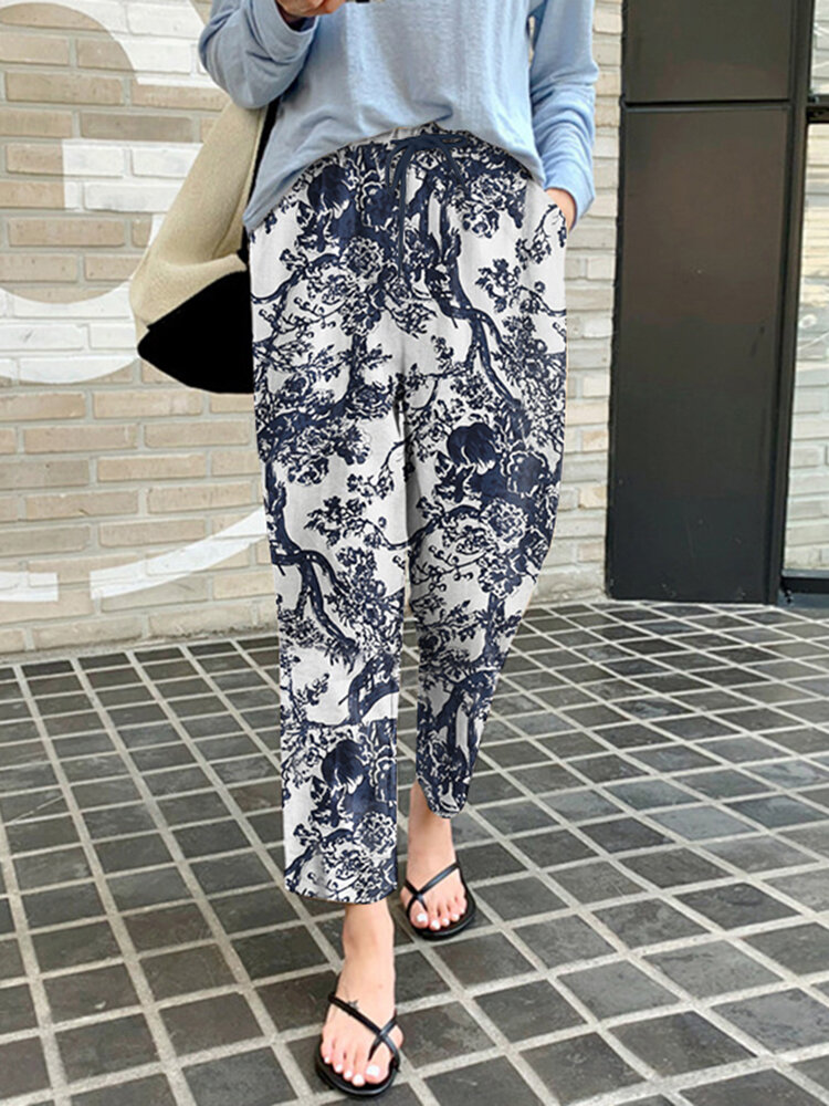 Women 100% Cotton Plants And Flowers Printing Maxi Length Pants