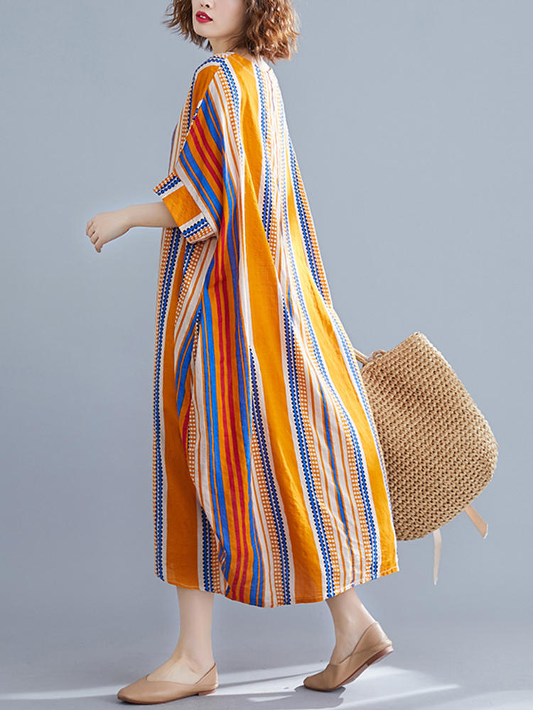 Women striped loose batwing sleeve side pockets dress Sale - Banggood.com