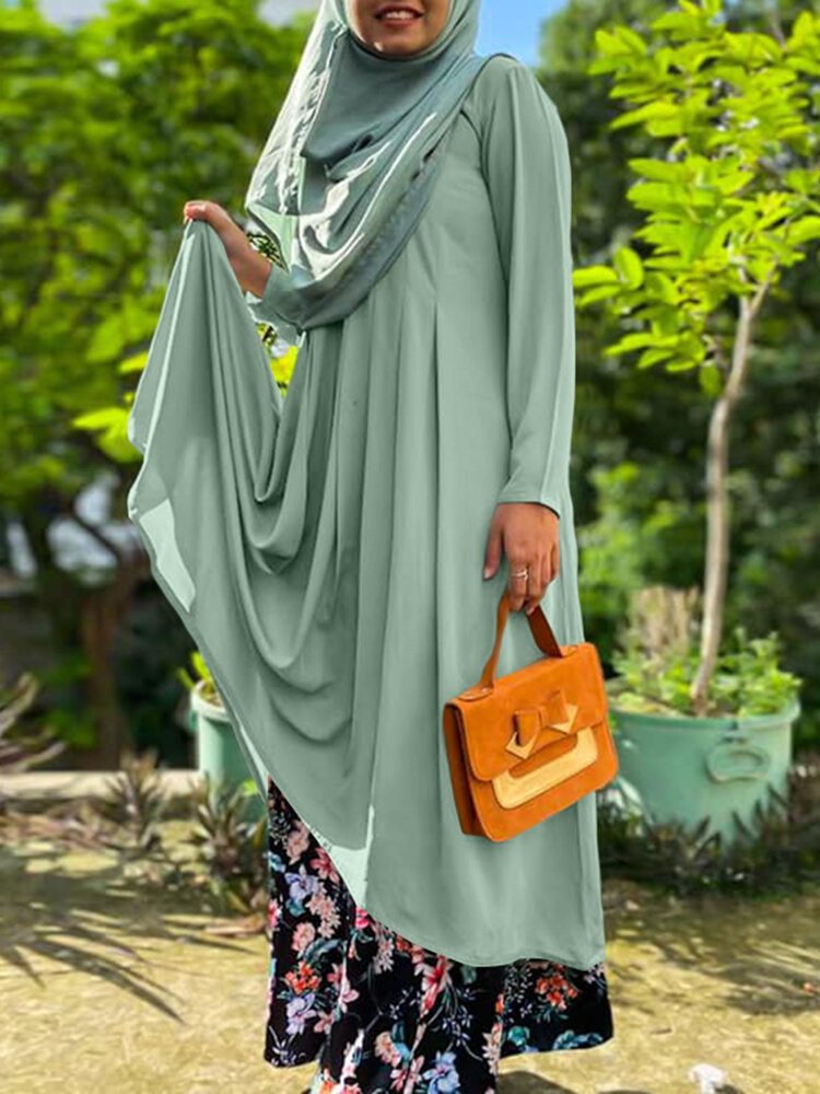 

Women O-Neck Solid Color Pleats Long Sleeve Irregular Hem Kaftan Dress