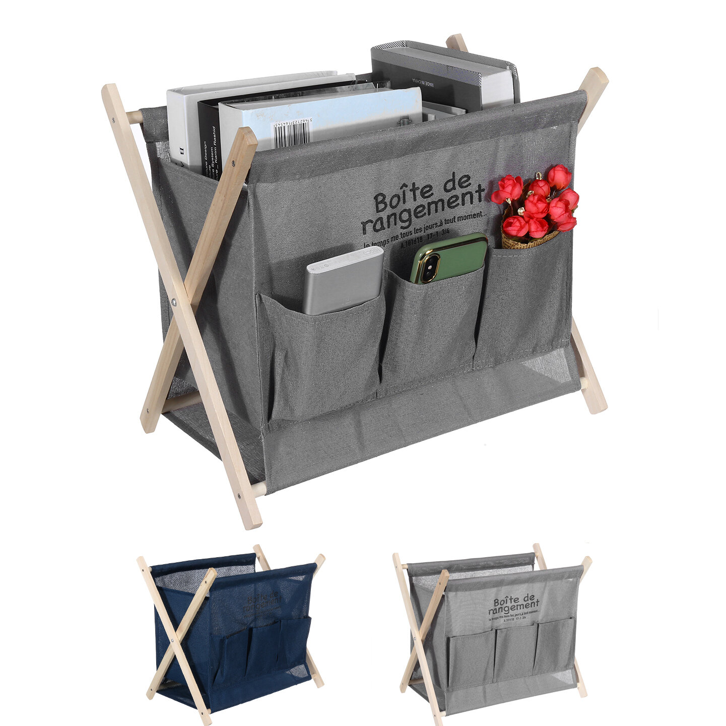 Wooden Foldable Large Capacity Desktop Storage Basket Portable Magazine Newspaper Rack With Side Poc