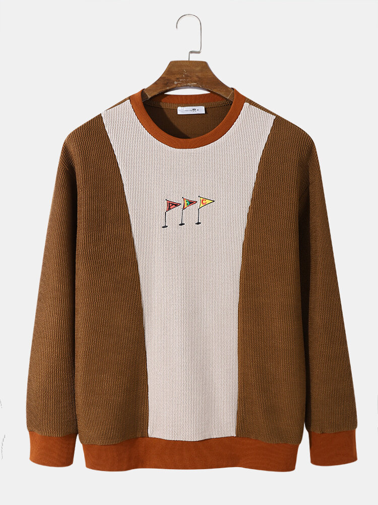 

Mens Embroidery Flag Pattern Splicing Khaki Sweatshirt