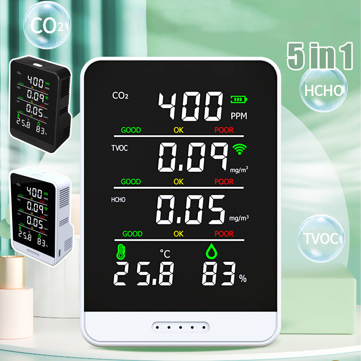 

5-in-1 CO2 TVOC HCHO Temperature Humidity Detector Multifunctional Semiconductor Air Quality Monitor