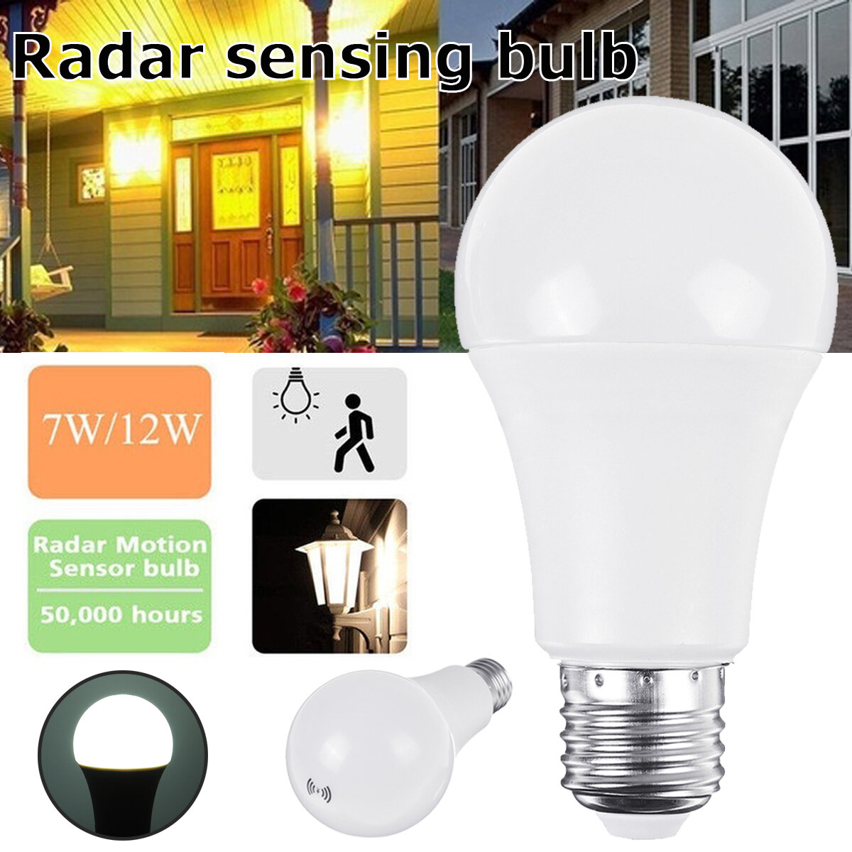 7W 12W E27 Motion Sensor Induction LED Light Bulb Globe Lamp for Home Indoor Decor AC220V