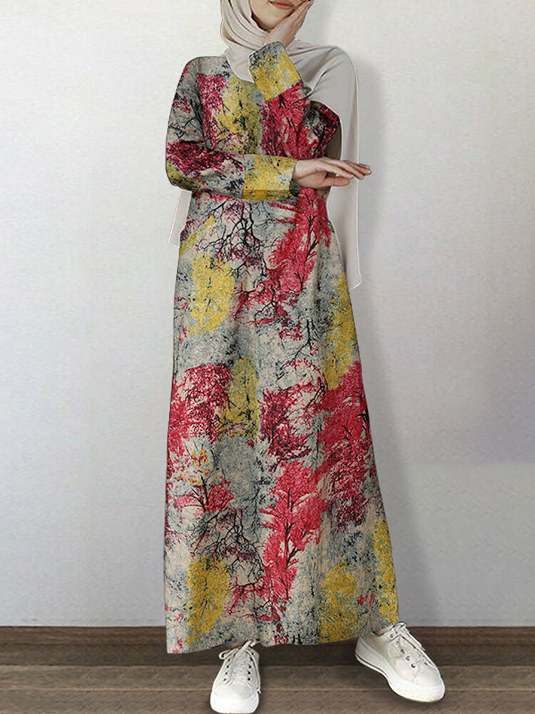 Dames katoenen bloemenprint O-hals lange mouw Kaftan tuniek maxi-jurk met zijzak