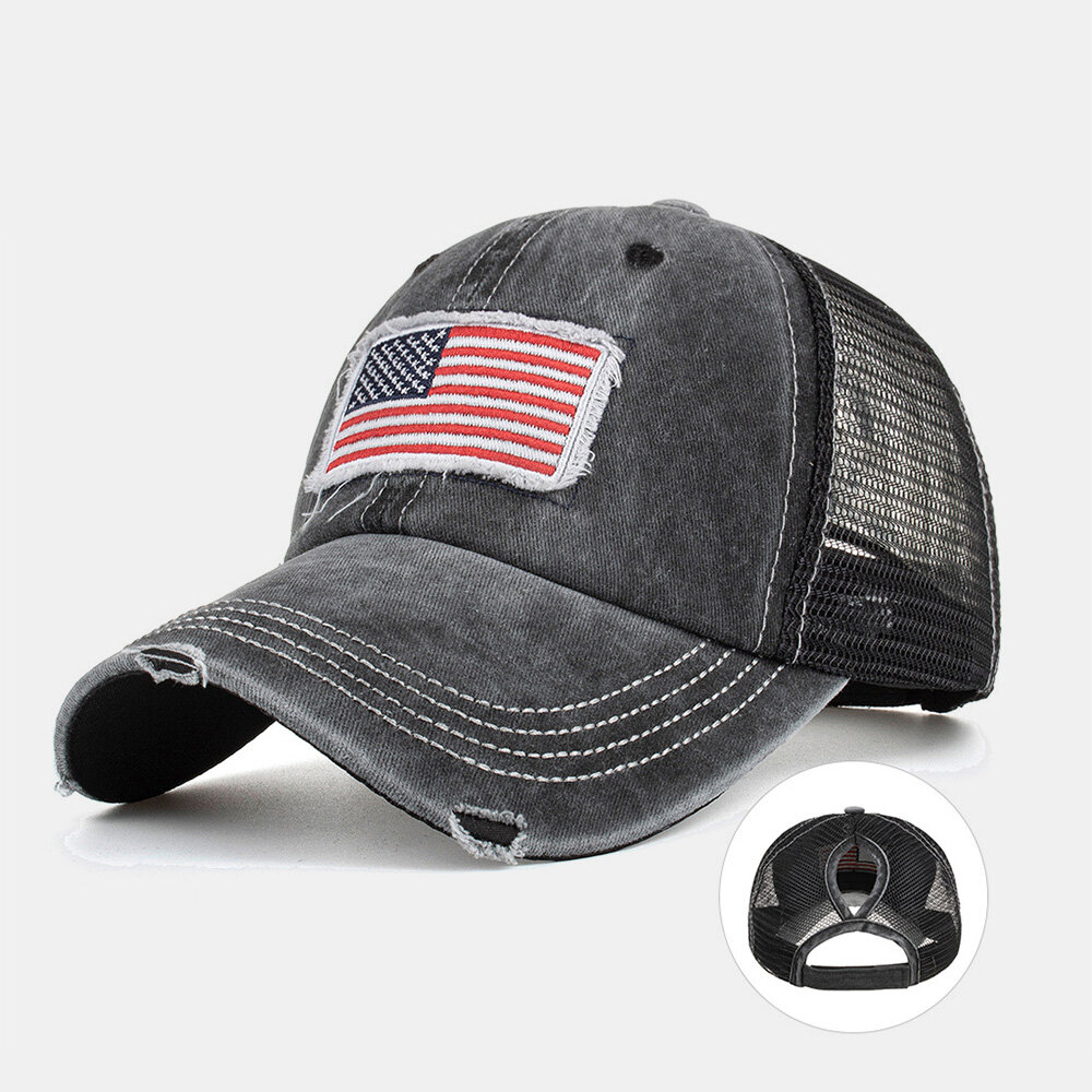 Unisex Washed American Flag Patch Ponytail Baseball Cap Mesh Breathable Casquette Summer Snapback Ha