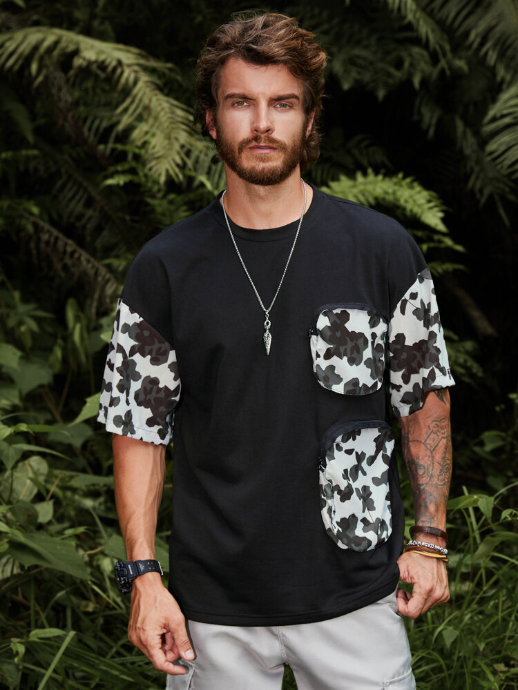 Men Floral Pocket Stitching Camping Style Soft Breathable T-Shirts