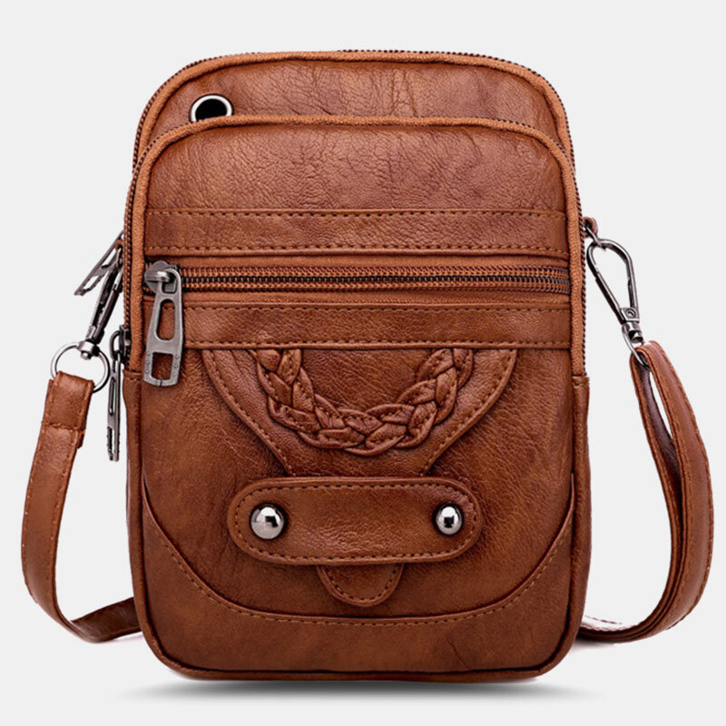 Women PU Leather Rivet Earphone Hole Retro 6.3 Inch Phone Bag Crossbody Bags Shoulder Bag